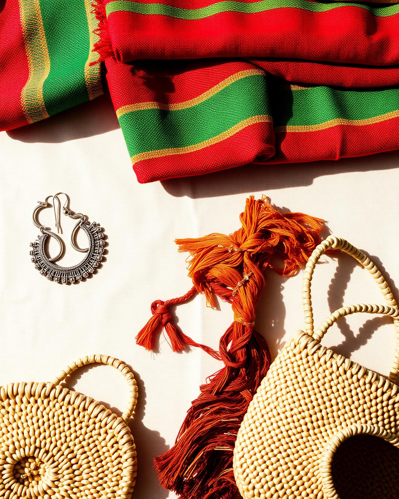 Handwoven Latin textiles, market bags, and silver earrings