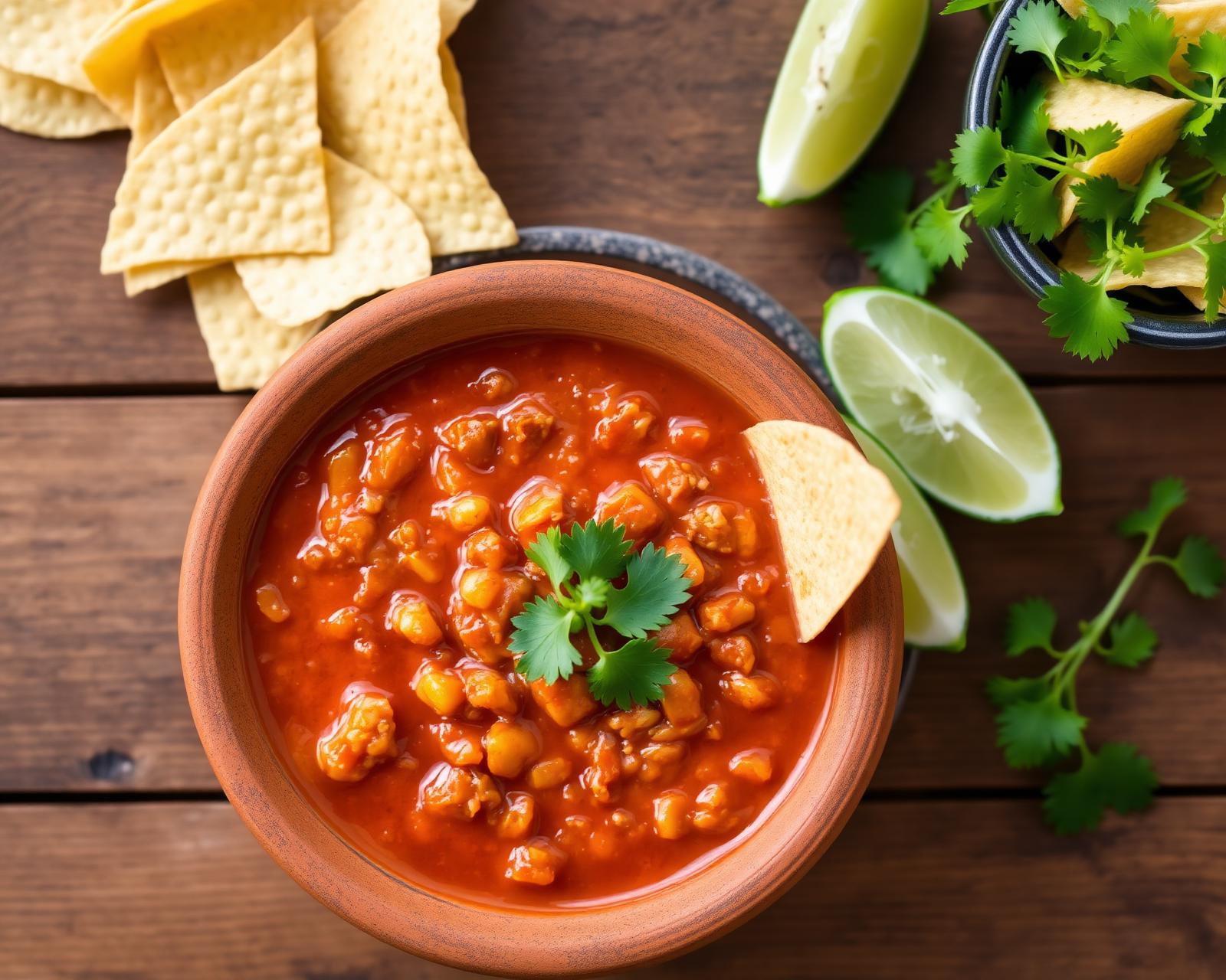 Bowl of Dalia's red salsa with chips and lime on a wooden table