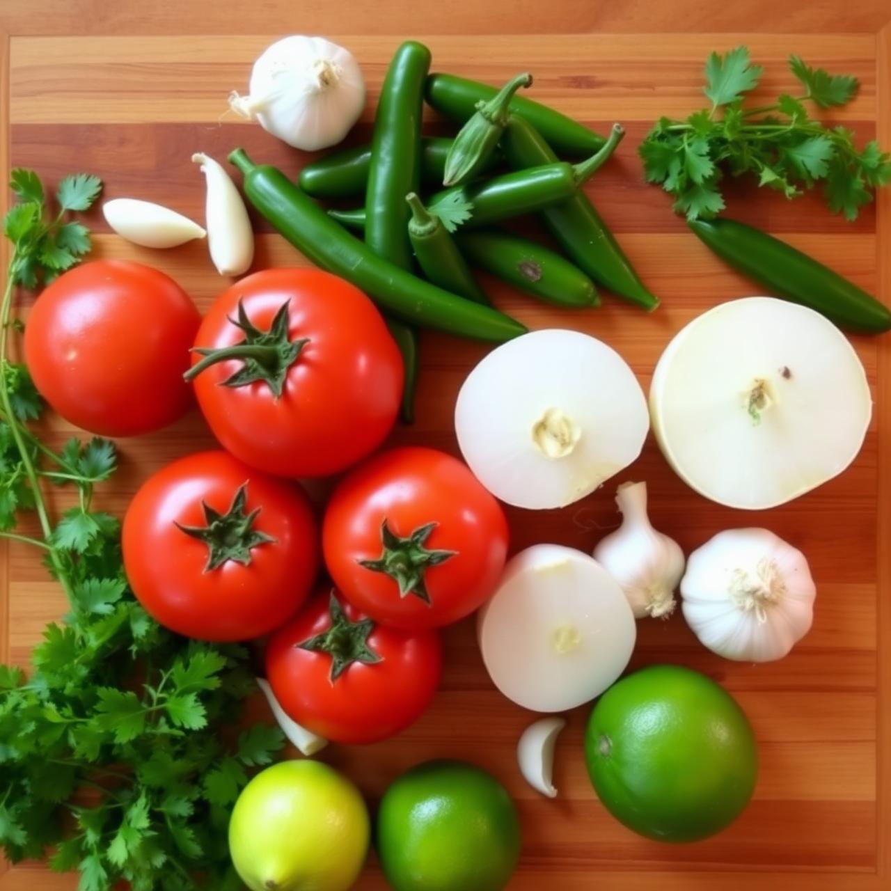 Fresh ingredients for Dalia's salsa: tomatoes, onions, peppers, lime, cilantro